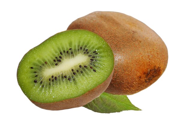 Half and whole r of fresh kiwi isolated on white background