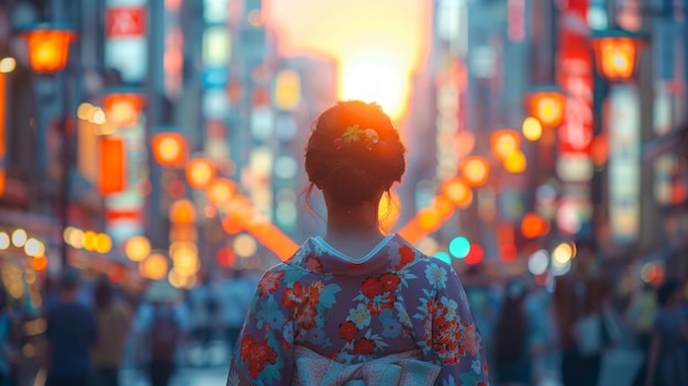 Half a woman body can be seen wearing a kimono in the middle of a busy city