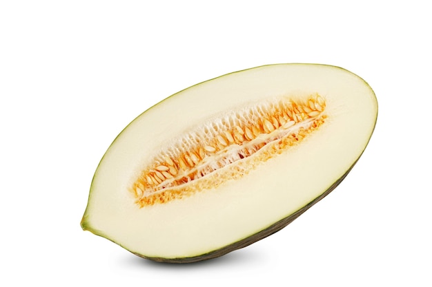 Half of yummy, juicy, green tendral melon in a cross-section,