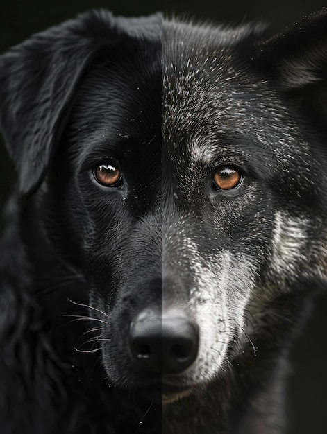 Half zwart Labrador hond gezicht links en half bejaarde zwarte wolf rechts