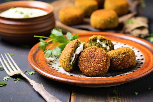 Halfeaten falafel on a ceramic dish