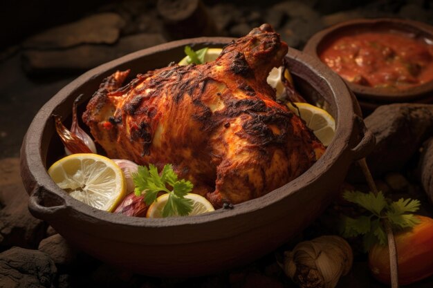 Photo halfeaten tandoori chicken in a clay oven