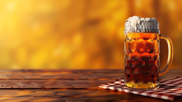 A halffull mug of beer sits on a wooden table Behind the mug the background is blurred The mug has a small amount of foam on top