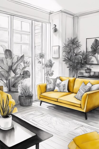 Foto halfgekleurde kleurplaat geel thema interieur architectonische schets afdrukbare kwaliteit