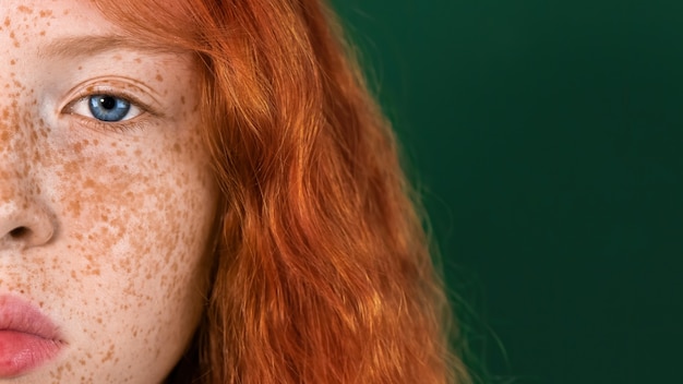 Foto halfgezichtsportret van een roodharig meisje met veel sproeten op de huid en blauwe ogen op groen