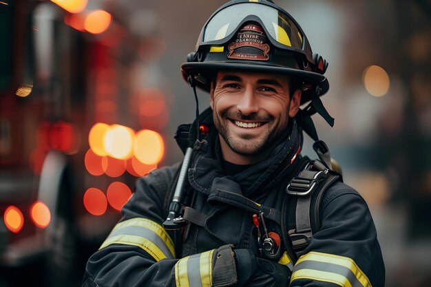 Foto halflengte opname van een glimlachende brandweerman met gekruiste armen