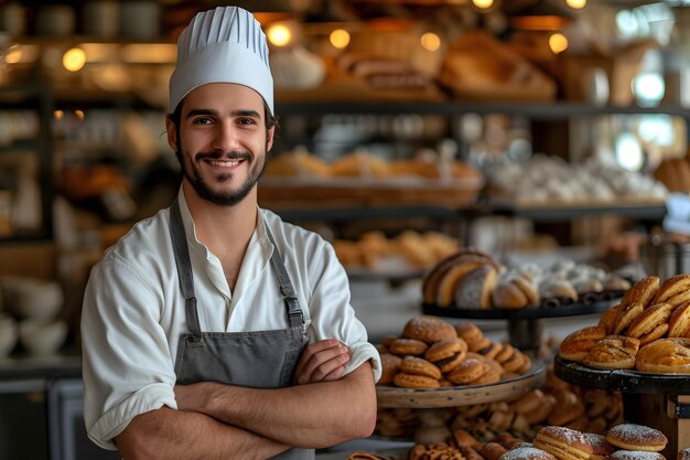 Foto halflengte opname van een jonge bakker met gekruiste armen