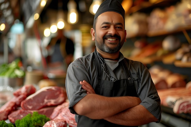 Foto halflengte opname van een slager met gekruiste armen in zijn winkel
