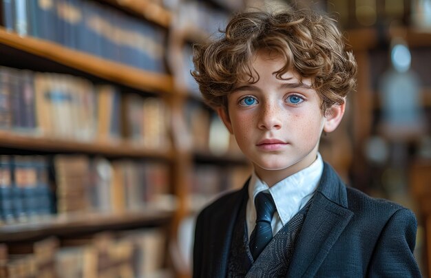 Halflength portrait of a blueeyed freckled Caucasian boy wearing a suit and tie in a library