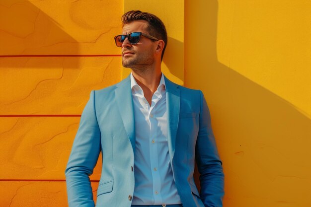 Halflength portrait of elegant stylish young businessman in formal wear leaning to yellow wall Perfectly fitted light blue suit white shirt with the top button undone trendy sunglasses