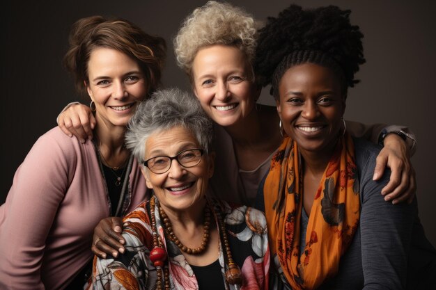 Photo halflength portrait of four cheerful senior diverse multiethnic women female friends smiling at camera while posing together diversity beauty friendship concept isolated over grey background