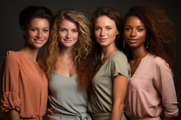 Портрет четырех веселых молодых разнообразных многоэтнических женщин подруги улыбаются в камеру, позируя вместе Разнообразие красоты концепция дружбы Изолирована на сером фоне