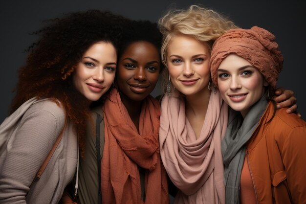 Halflength portret van vier vrolijke jonge diverse multi-etnische vrouwen Vrouwelijke vrienden glimlachen naar de camera terwijl ze samen poseren Diversiteit schoonheid vriendschap concept geïsoleerd over grijze achtergrond