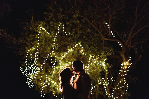 Foto halfportret van man en vrouw knuffelen op een achtergrond van een boom die 's nachts is versierd met verlichting illumination