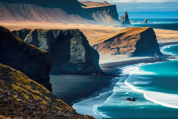 Halfronde kustlijn van het strand van ijsland tegen de achtergrond van hoge kliffen