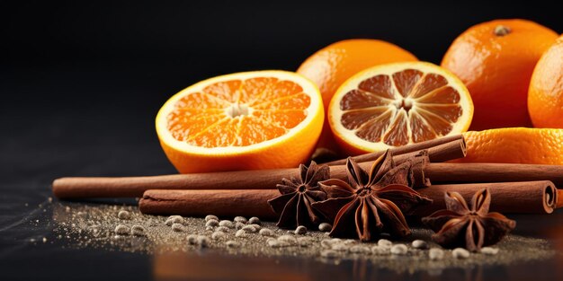 Halfsliced oranges rest beside cinnamon sticks and scattered seeds on a shadowy backdrop