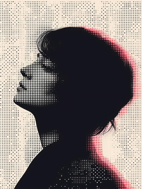 반색의 추상적인 디지털 여성 초상화 점과 입자로 만든 인간의 머리의 실루
