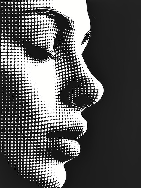 Halftone abstract digital woman portrait Silhouette of a human head made of dots and particles