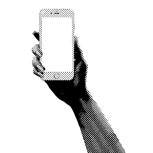 ハーフトーン効果を持つ携帯電話を持っている手を持つスマートフォンのベクトル図を持つハーフトーン手
