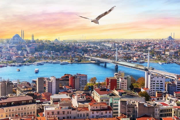 Photo halic metro bridge and the suleymaniye, view on the fatih district of istanbul, turkey.