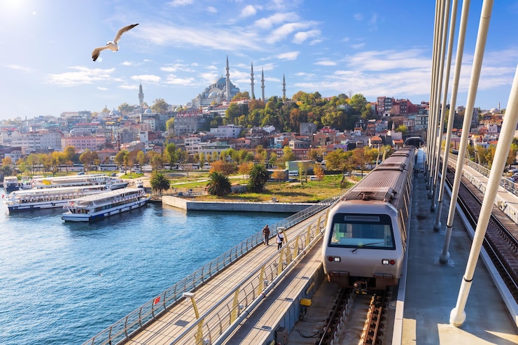 Foto halic metro brug en uitzicht op de suleymaniye moskee istanbul