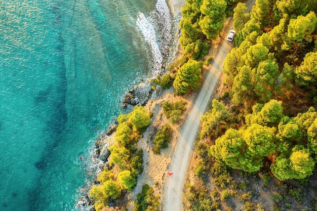 ギリシャ上空からのハルキディキシトニア夏の旅行休暇の背景海の道と森のある風景フラットレイ