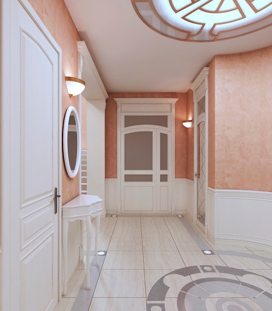 Hall corridor in classic style in pink pastel colors. 3D rendering.