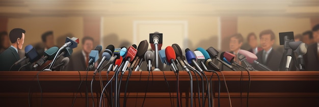 Hall for large press conferences Many microphones are aimed at the podium Politician is late Expectation of a speech by a politician and loud statements from a politician