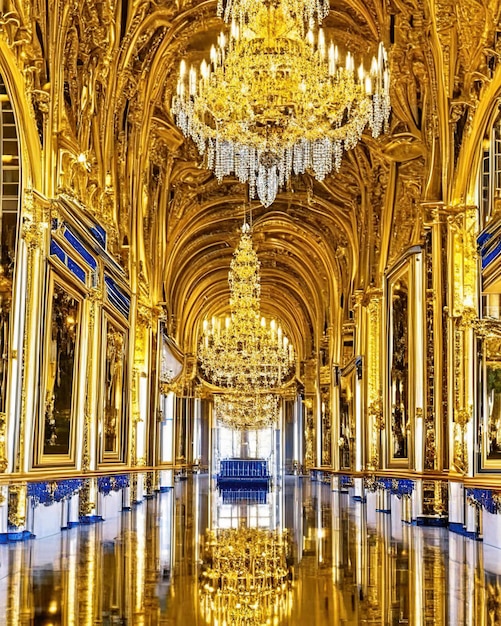 Hall of Mirrors luxurious palace golden details and ornamental lamps