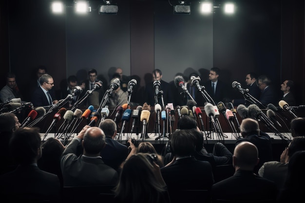 Photo hall for press conferences many microphones are aimed at the podium expectation of a speech by a politician and loud statements from a politician