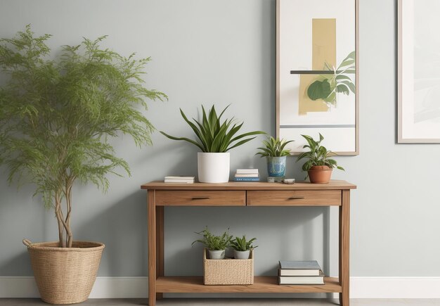 Hall tafel met planten boeken en blanke muur