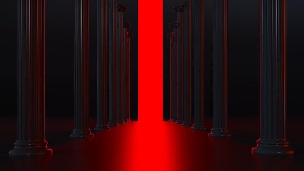 黒い大理石の柱と柱の最後の暗い通路に輝く光を持つホール3Dレンダリング
