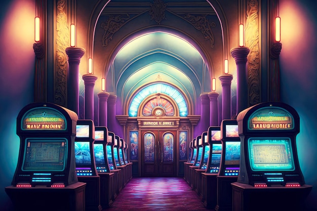 Hall with casino slot machine and bright illuminated screens