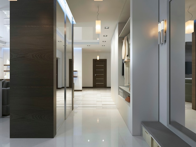 Hall with a corridor in Contemporary style with a wardrobe and a sliding wardrobe. 3D render.