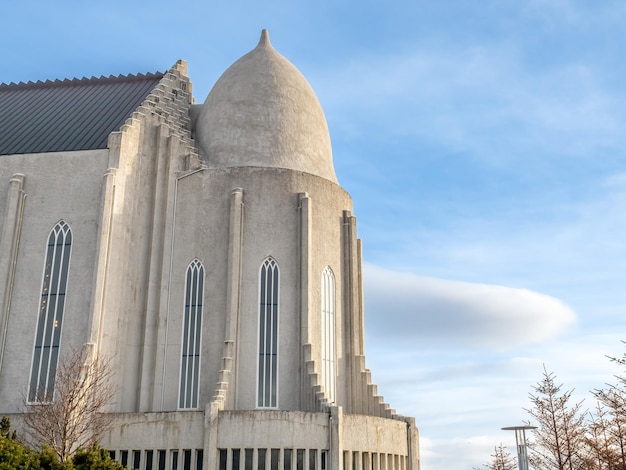 Hallgrimskirkja church the most famous landmark place under\
cloudy morning sky reykjavik in iceland