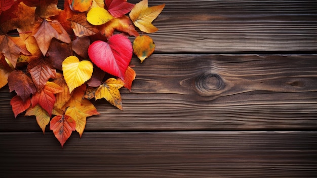 Hallo Autumn Heart Greeting Card met kleurrijke bladeren op houten bord gegenereerd door AI