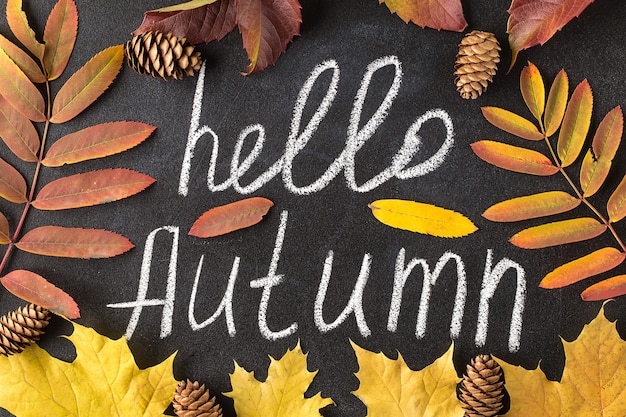 Hallo herfst wit krijt belettering op blackboard.