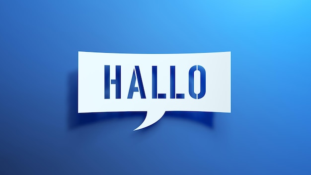 Hallo Speech Bubble Minimalist Abstract Design With White Cut Out Paper on a Blue Background 3D