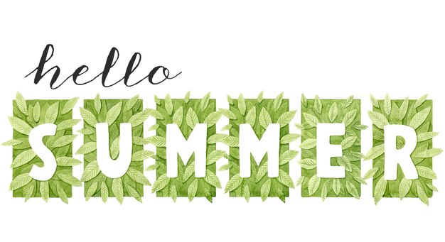 Hallo zomer belettering met aquarel bladeren botanische illustratie