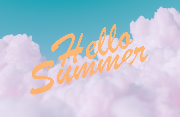 Hallo zomer tekst drijvend op pluizige wolken tegen een blauwe achtergrond