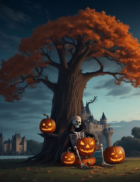 Скелет в стиле Хэллоуин, сидящий под деревом