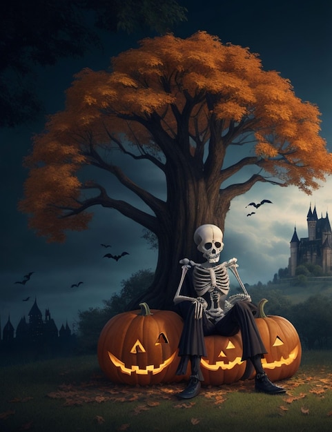 halloen style skeleton sittng under the tree