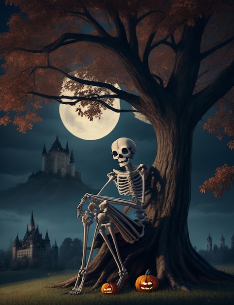 halloen style skeleton sittng under the tree