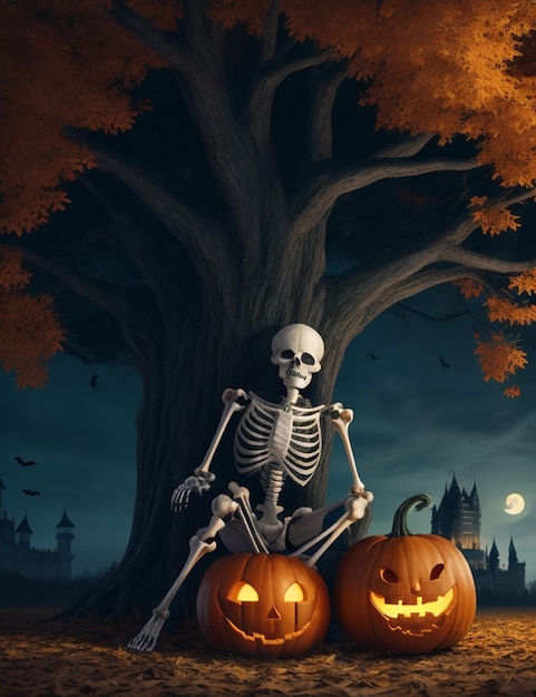 halloen style skeleton sittng under the tree