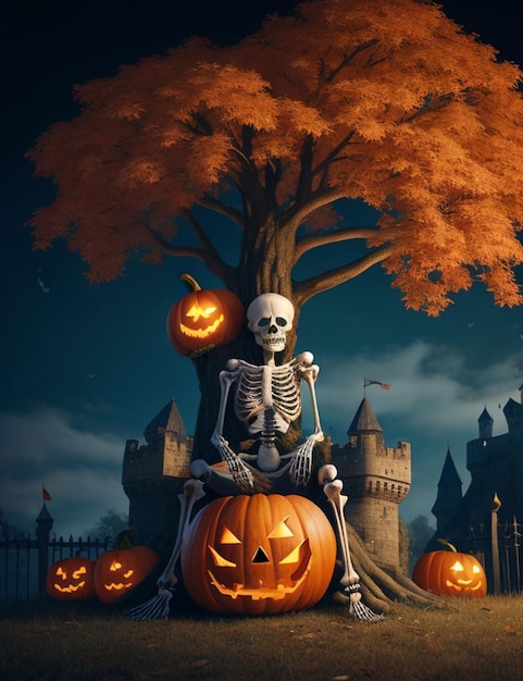 halloen style skeleton sittng under the tree