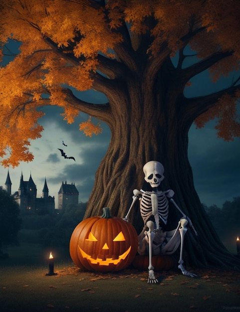 halloen style skeleton sittng under the tree