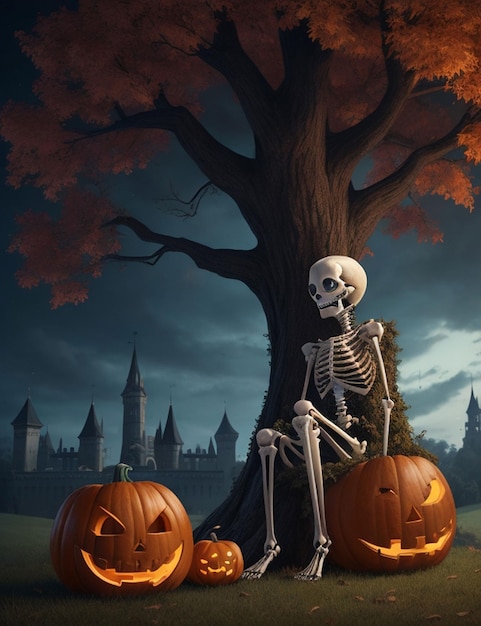 Скелет в стиле Хэллоуин, сидящий под деревом