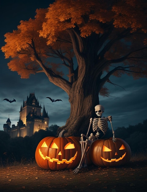 halloen style skeleton sittng under the tree