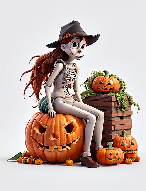 Halloween 3D Caracter With pumpkin skull scarecrow bats halloween concept image