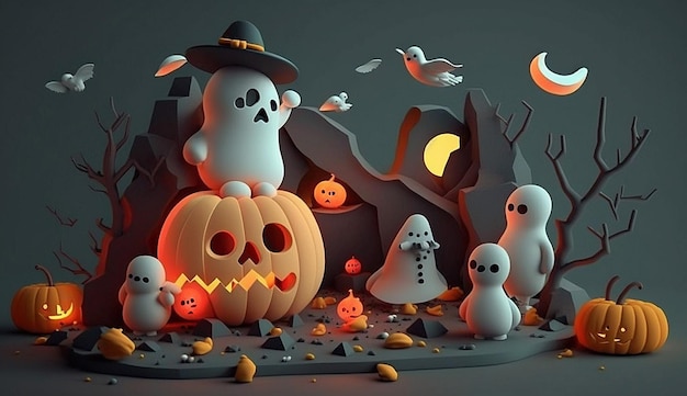 Halloween 3d karakter mooie scène van spookpompoenen achtergrond foto illustratie